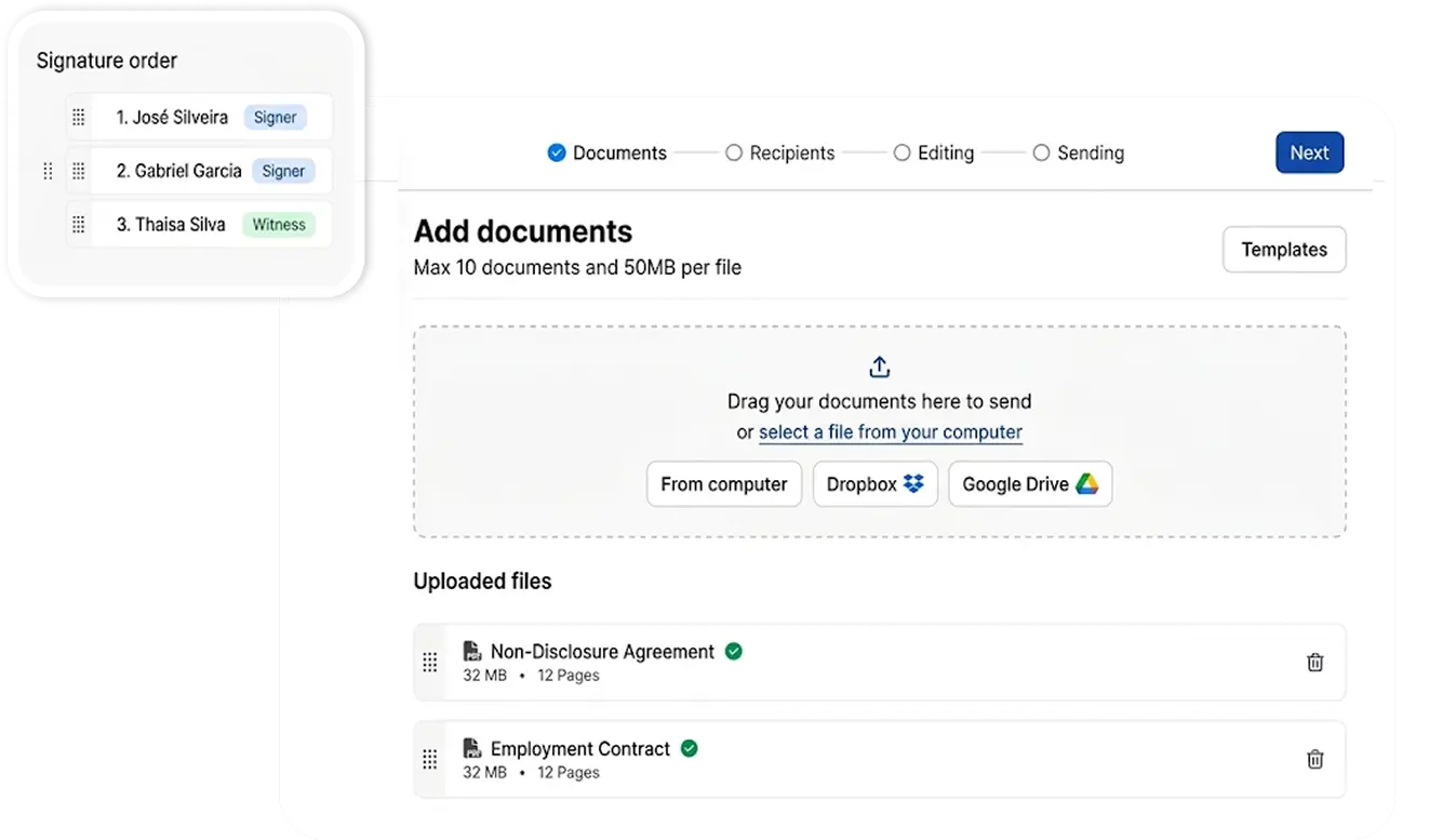 Add your document, customize it with your brand, and set the signing sequence.