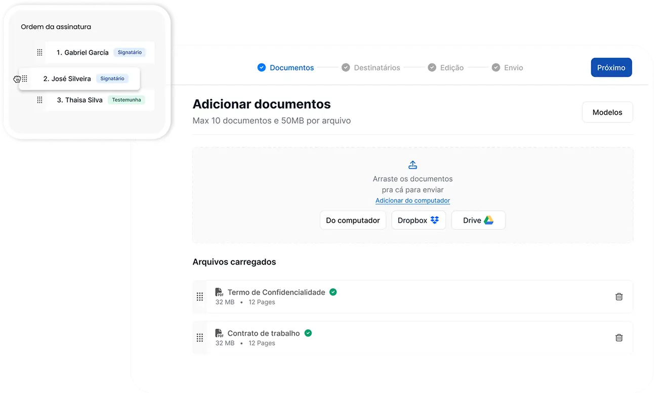 Adicione seu documento, personalize-o com a sua marca e defina a sequência de assinatura.