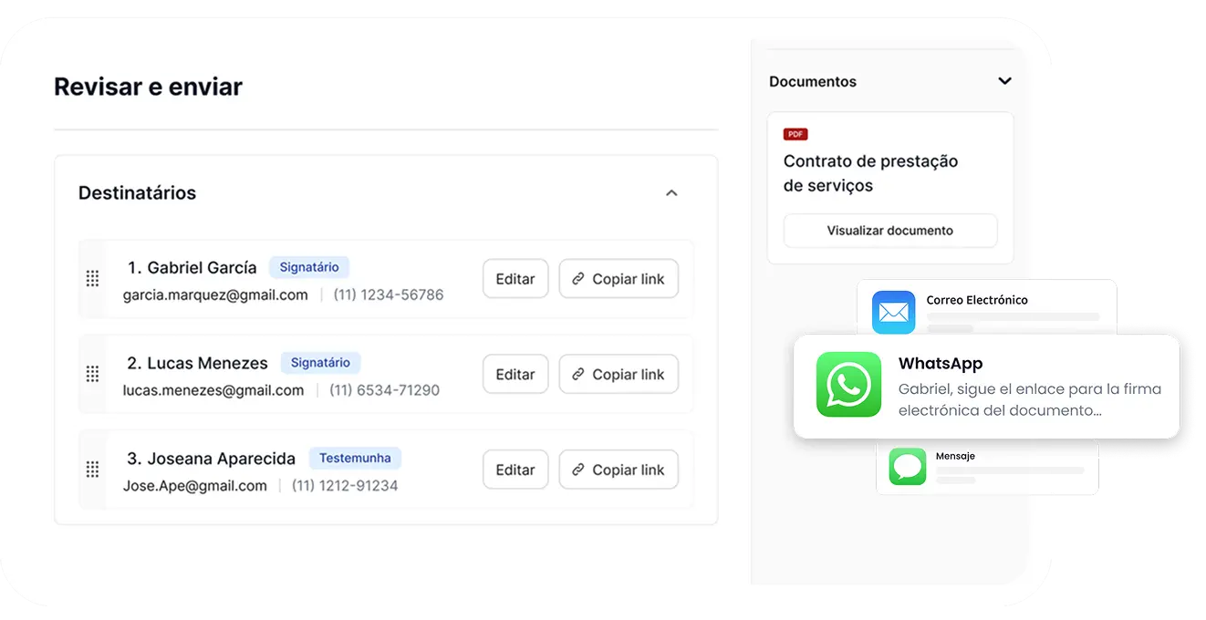 Do WhatsApp ao e-mail, compartilhe com os signatários em segundos.